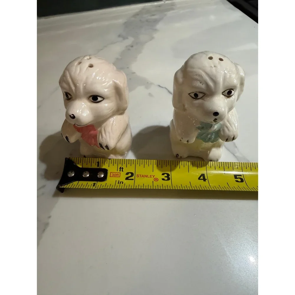 Vintage Ceramic Puppy Dog Salt and Pepper Shakers White Pink Blue Bows Set of 2